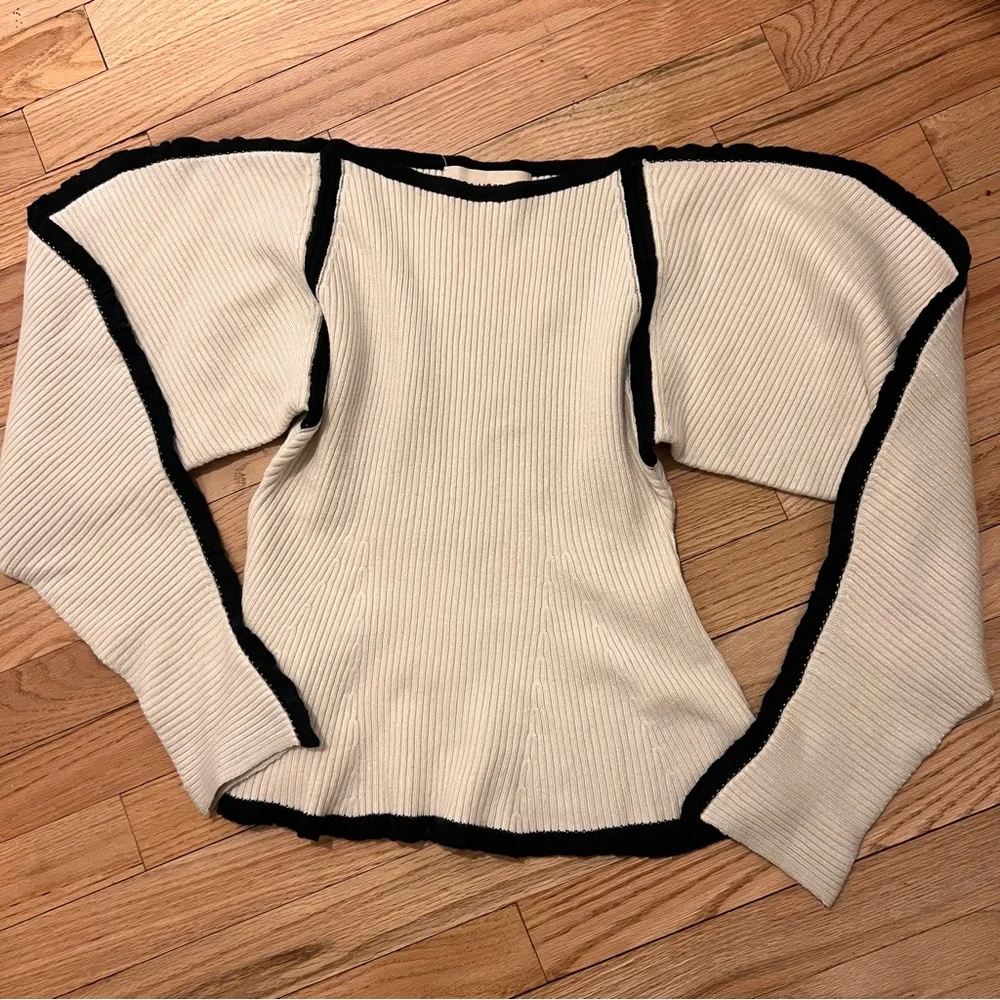 Mara Hoffman Nova Sweater in Ivory Ribbed Puff Sleeve Knit Stretch Pullover - Picture 4 of 7